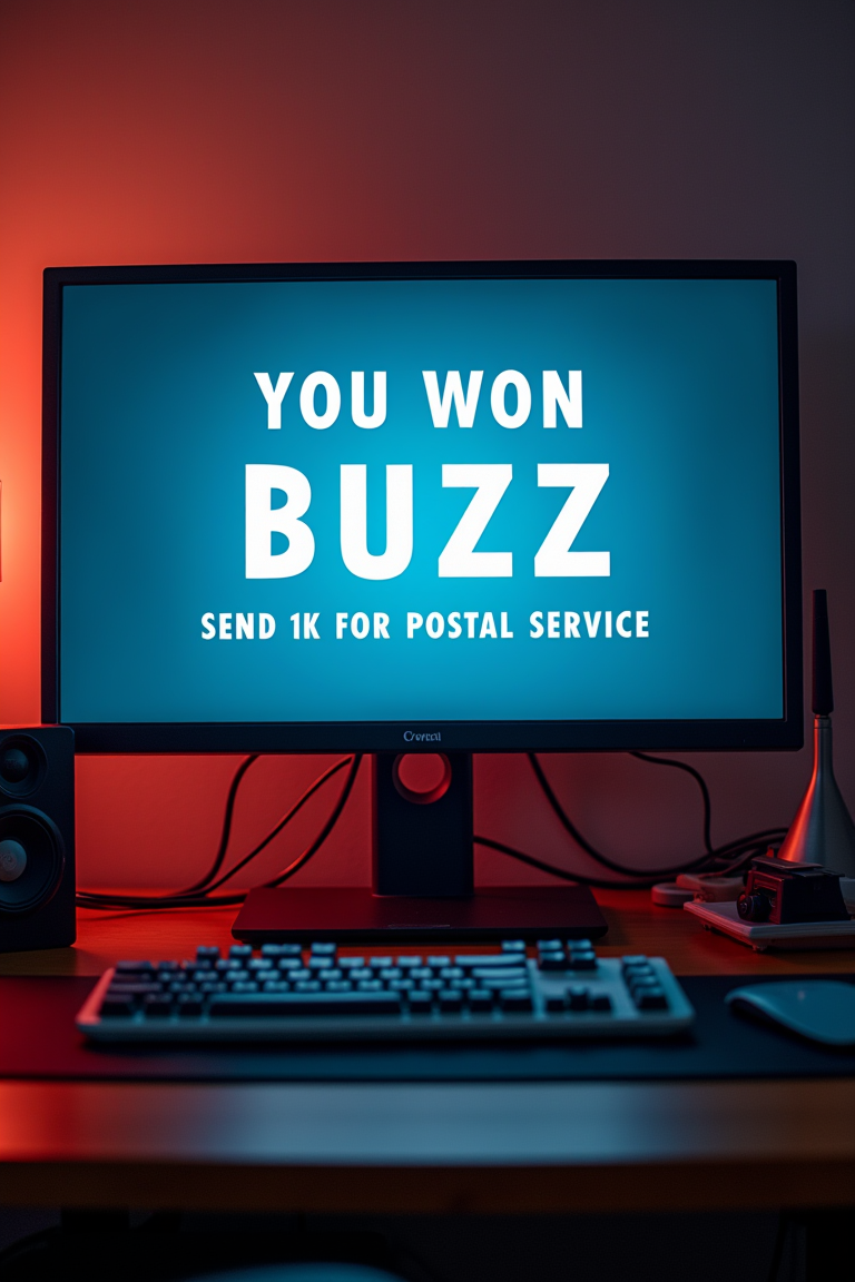 a desktop pc monitor with nice text "YOU WON A GAZILLION BUZZ SEND 1K FOR POSTAL SERVICE"