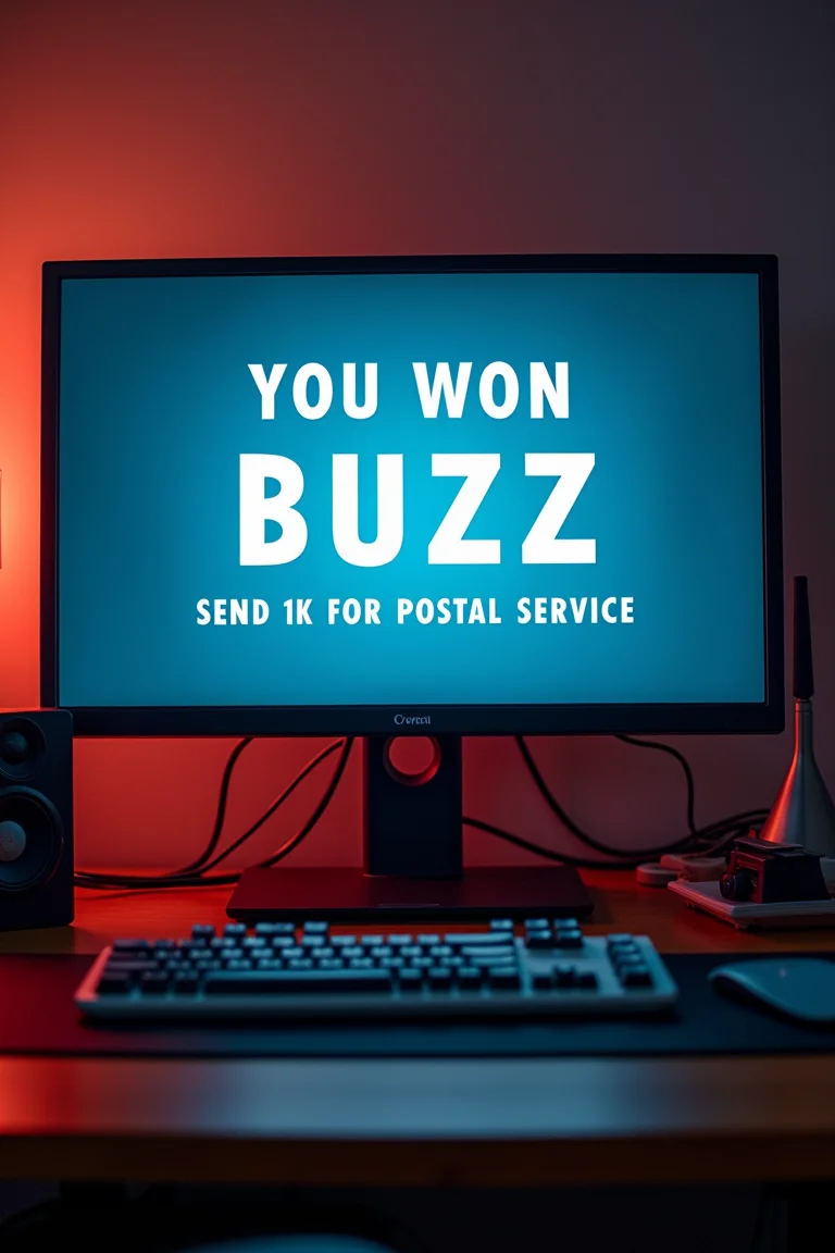 a desktop pc monitor with nice text "YOU WON A GAZILLION BUZZ SEND 1K FOR POSTAL SERVICE"