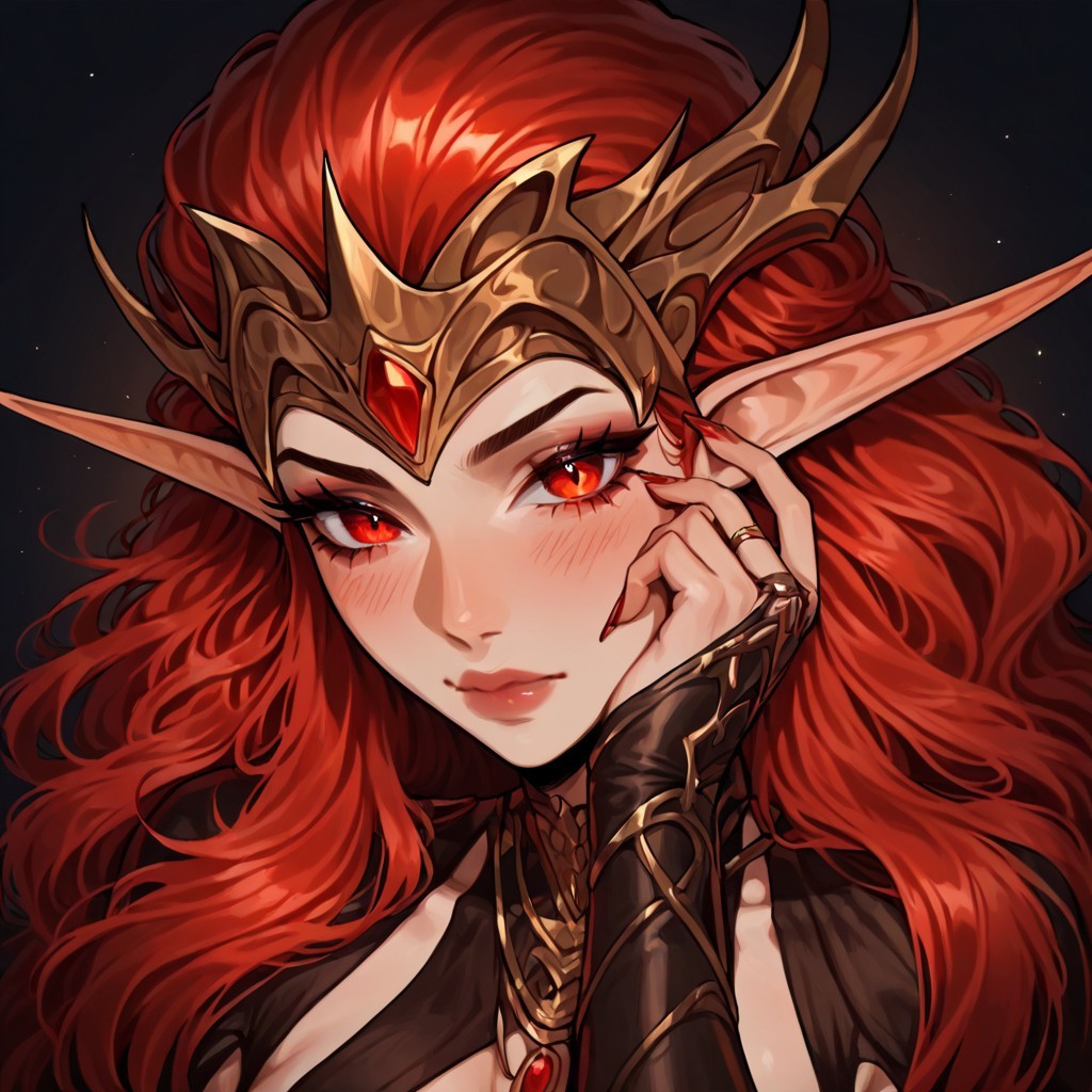 masterpiece, best quality, newest, absurdres, highres, 1girl, HOMMDEAV1.0-WI, very long hair, dark elf, red hair,