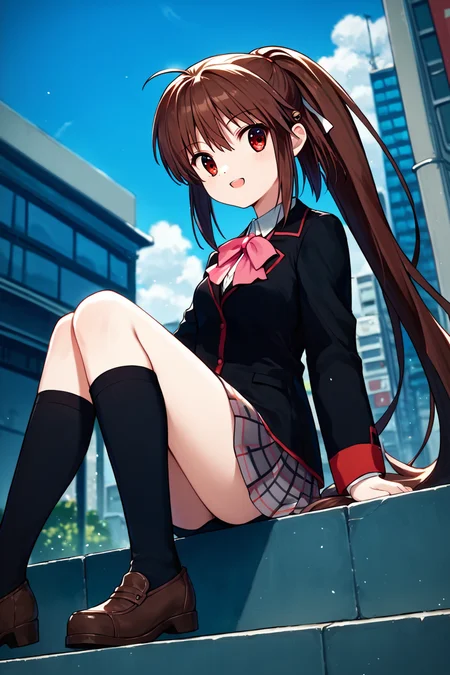score_9, score_8_up, score_7_up, score_6_up, rating_safe, source_anime, best quality, masterpiece, detailed background, detailed eyes, (dutch angle), streets, city, sunny, sitting, looking away, diagonal view, smiling, open mouth, <lora:natsume-rin-xl-05:1>, natsume rin, small breasts, ahoge, long ponytail, black uniform with red trim and pink bow, pleated grey plaid skirt, black socks, brown shoes
