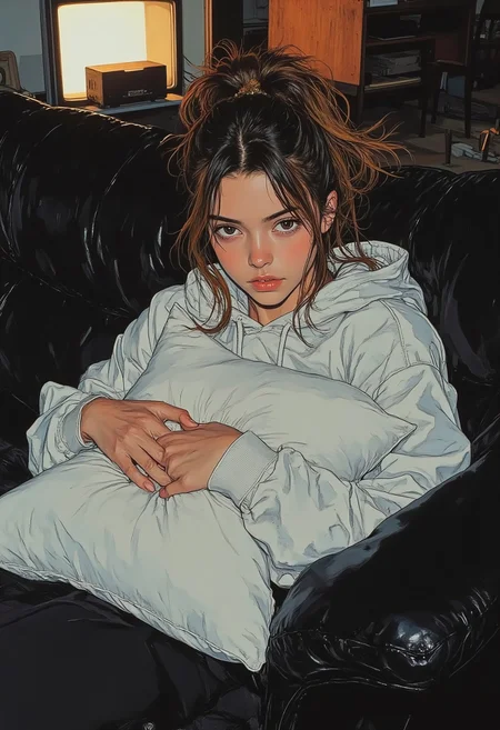 pingtu style, illustration-fen, Relaxed woman with tousled chestnut-brown hair in a casual ponytail, deep, focused eyes fixed on the TV screen. Wearing an oversized hoodie, curled up on a sleek black leather couch, hugging a plush pillow tightly. Dimly lit living room, soft TV glow reflecting off the couch, faint outlines of furniture, a cozy yet moody atmosphere. Minimalist ink illustration with color, bold, expressive linework, high-contrast black and white base with selective warm color accents, striking composition, natural movement, elegant simplicity