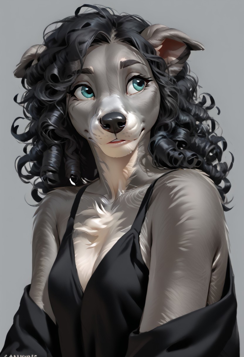score_9, score_8_up, score_7_up, (by kittydee:1.5), (by jailbird:1.5), (by zummeng:1.5), masterpiece, best quality, (solo), 
(Furry Art: Anthro: Greyhound:1.5), expressive eyes, feminine eyes, perfect face, feminine face, dog, canine, slim build, long snout, floppy ears, small breasts, perfect face, (grey fur:1.5), teal eyes, black hair, (curly hair),