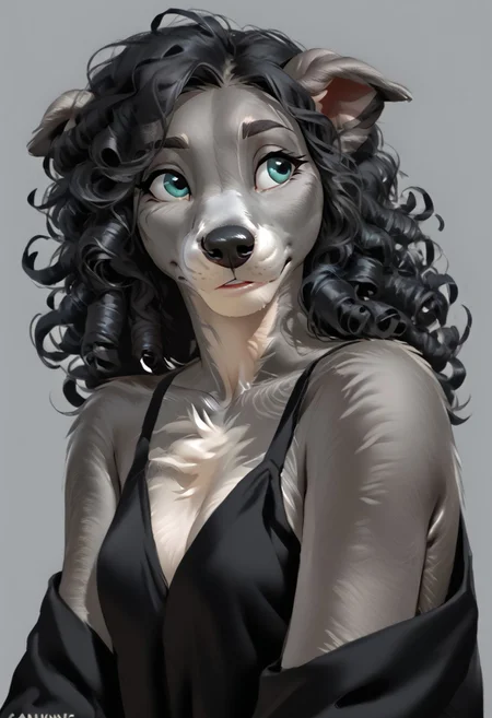 score_9, score_8_up, score_7_up, (by kittydee:1.5), (by jailbird:1.5), (by zummeng:1.5), masterpiece, best quality, (solo), 
(Furry Art: Anthro: Greyhound:1.5), expressive eyes, feminine eyes, perfect face, feminine face, dog, canine, slim build, long snout, floppy ears, small breasts, perfect face, (grey fur:1.5), teal eyes, black hair, (curly hair),