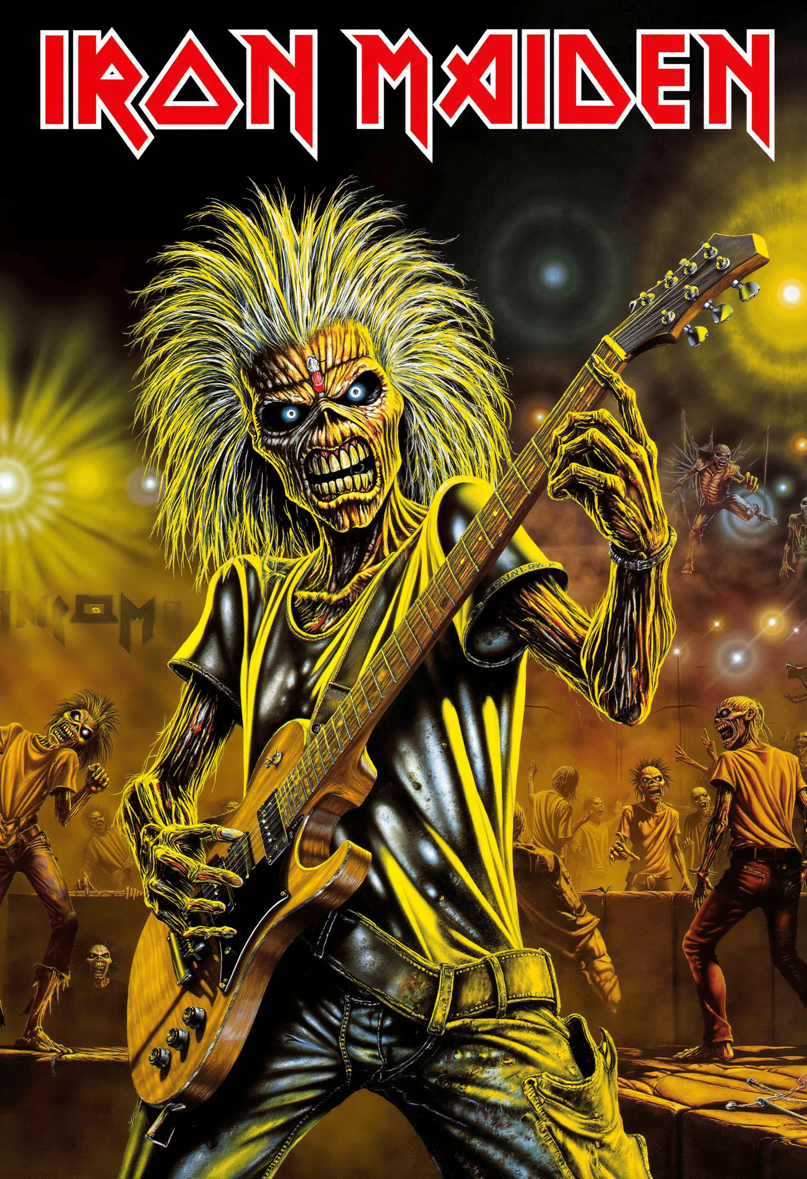 in the style of ckim, heavy metal concert, zombie playing guitar, iron maiden text
