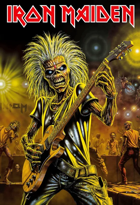 in the style of ckim, heavy metal concert, zombie playing guitar, iron maiden text