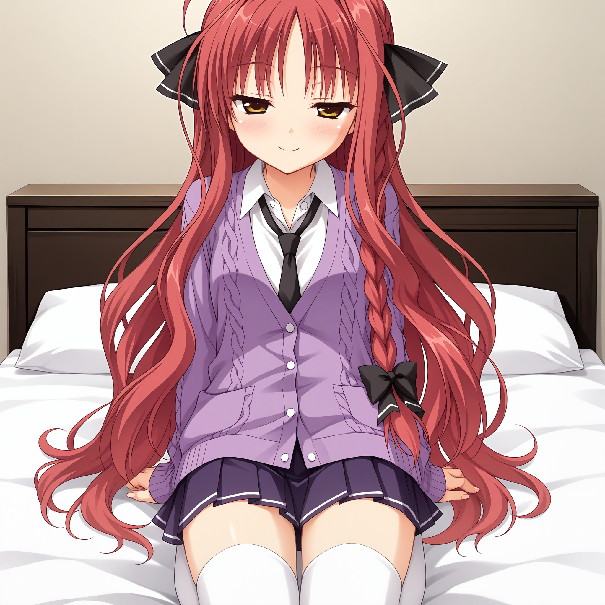 <lora:Yarai_Miu_1_nai-000033:1>,Yarai Miu,
single braid,hair bow,black bow,
pleated skirt,white thighhighs,miniskirt,long sleeves,black necktie,white shirt,collared shirt,purple skirt,purple cardigan,
BREAK
1girl,solo,smile,on bed,kneeling,arm support,blush,half-closed eyes,front view,looking_at_viewer,face_focus,