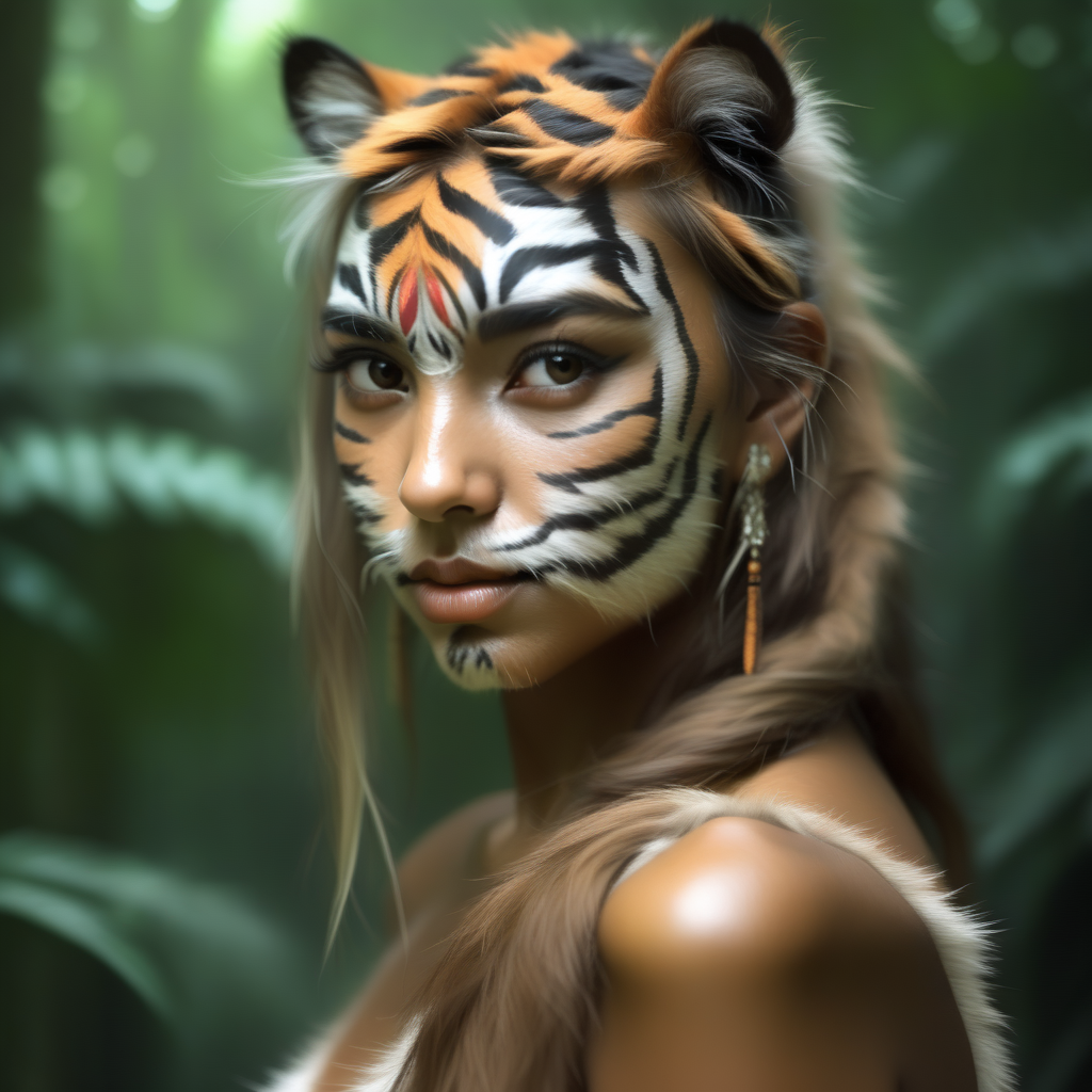wanapi beautiful indian fur tiger girl in jungle <lora:wanapi:1>