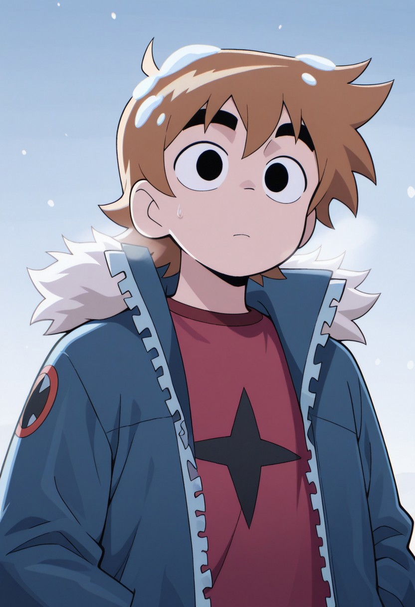 masterpiece,best quality,amazing quality, source_anime,
scotpilgr, 1boy, male focus, solo, black eyes, brown hair, short hair, shirt, red shirt, jacket, blue jacket, fur trim, open jacket, snow in hair,
outdoor,