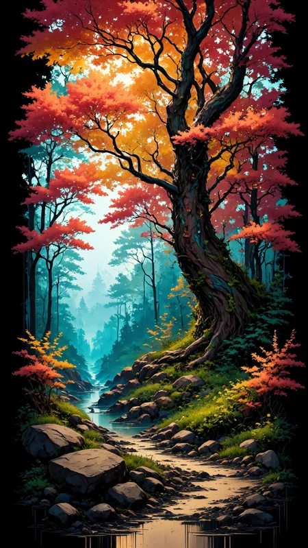 In the style of interactive art, immersive and participatory installations engage viewers through modern, highly detailed designs,wallpaper, anaglyph filter, Ethereal Lighting, A lone mahogany tree towers over the lush __color__ foliage of the forest, its trunk adorned with intricate patterns and vines. The leaves rustle in the gentle breeze, and a small stream babbles nearby. In the distance, in style of Gearnica, Orphism, set logical ambient background, handsome, very, striking, beautiful, beautiful composition,{<lora:Dark_and_Colorful_FLUX_OT:.75>,ffdac|<lora:aidmaInkStyle:.75>,aidmainkstyle, <lora:(FLUX) Detailed Photorealism Style - V3.0:.75>,detailed photorealism style},