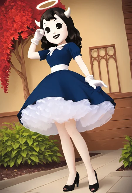 (Masterpiece, best quality:1.2), score_9, score_8_up, flat color, flat shading, soft shading, lighting, Alice Angel in a 1950's dress, a fluffy frilly ruffled full petticoat, and high heels, dress, layered petticoat, frilly petticoat, fluffy petticoat, full petticoat, wide dress, flowing dress, solid colored skirt, short sleeves, black hair, Bendy and The Ink Machine, series accurate, cute, best high quality, high res, black lips, white colored skin, whole body shot, 1girl, solo, outside, standing straight, in a garden, cute, adorable, smile, skirt tug, ground level angle, low upward angle, cartoon, cartoon style, vector, solo, circle dress, 1950s, alice angel