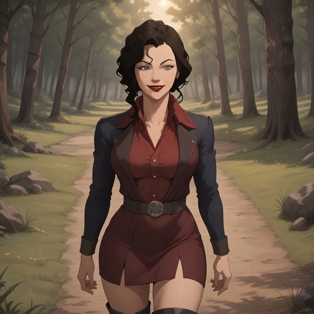 score_9, score_8, BREAK, solo, Asami_Sato_(The_Legend_of_Korra), long hair, black hair, green eyes, red lips, jacket, skirt, high boots, self portrait, smile, looking at viewer, outdoors, sunlight, shadows, evening lighting, natural lighting, forest, trees, grass, orange sky, sunset