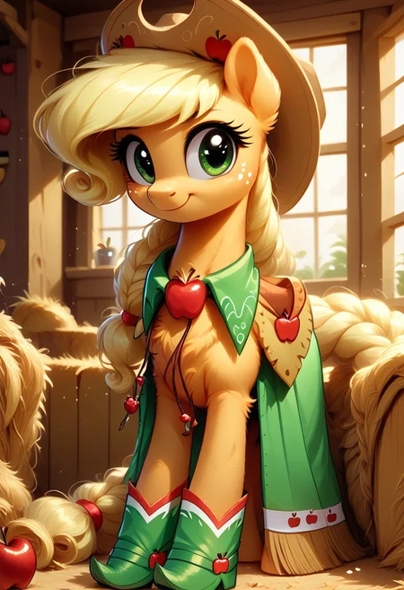 score_9, score_8_up, score_7_up, green dress with white stripe, cowboy boots with apple print, cowboy hat with apple print, solo, MegaFluffyPony, furry, fluffy, (Applejack mlp1.2), cute very fuzzy, necklace (orange colored background) (barn interior) haystraw on ground