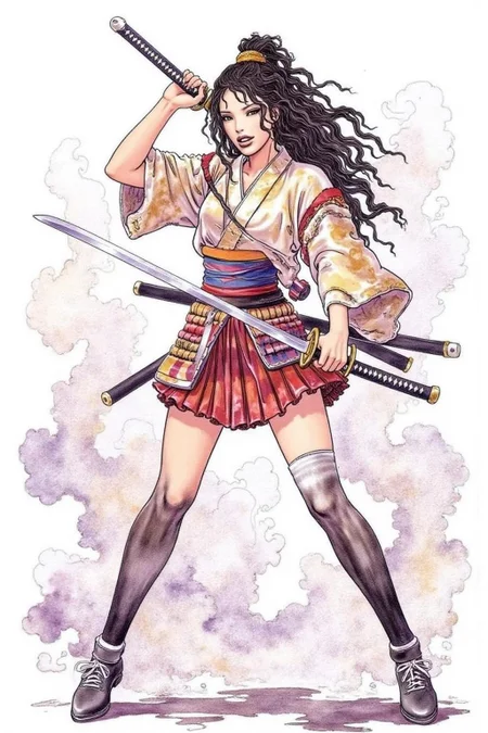 itacomic1 illustration of a female Japanese samurai warrior wielding a katana, blending form with reality. Glitching the surreal with blurred dreams on a white background. Woven light fuses delicatly with whispering shimmers creating a eyecatching and masterpiece artwork. drifting fog, cracked light and smokey haze in floating threads finishes the dreamlike reality. <lora:itacomic_mima3_fl_d4a2e8:1.0><lora:800892984443844917:0>