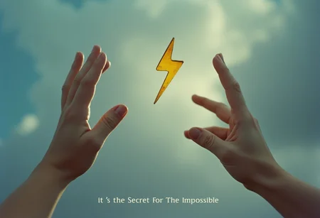 Vintage film photography aesthetic, close up of a Hand Trying to reach up a yellow Metallic really small lightning strike shaped object falling towards the hands from above, in the background a Cloudy Sky, the background is blurry with a shallow depth of field, in the middle bottom of the photo there is a white subtitle TEXT “it’s the Secret For The Impossible” , Nikon F3, Kodak 100T 35mm film, film halation, color density, film grain