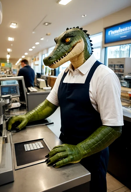 score_9, score_8_up, score_7_up, BREAK, 8k,
cashier,
(crocodile:1.2), scales, animal focus, (personification:1.2),
highly detailed,
<lora:add-detail-xl:1>,
<lora:sdxl_lightning_4step_lora:1>,
<lora:Real_Cashier_PDXL_v1:0.75>