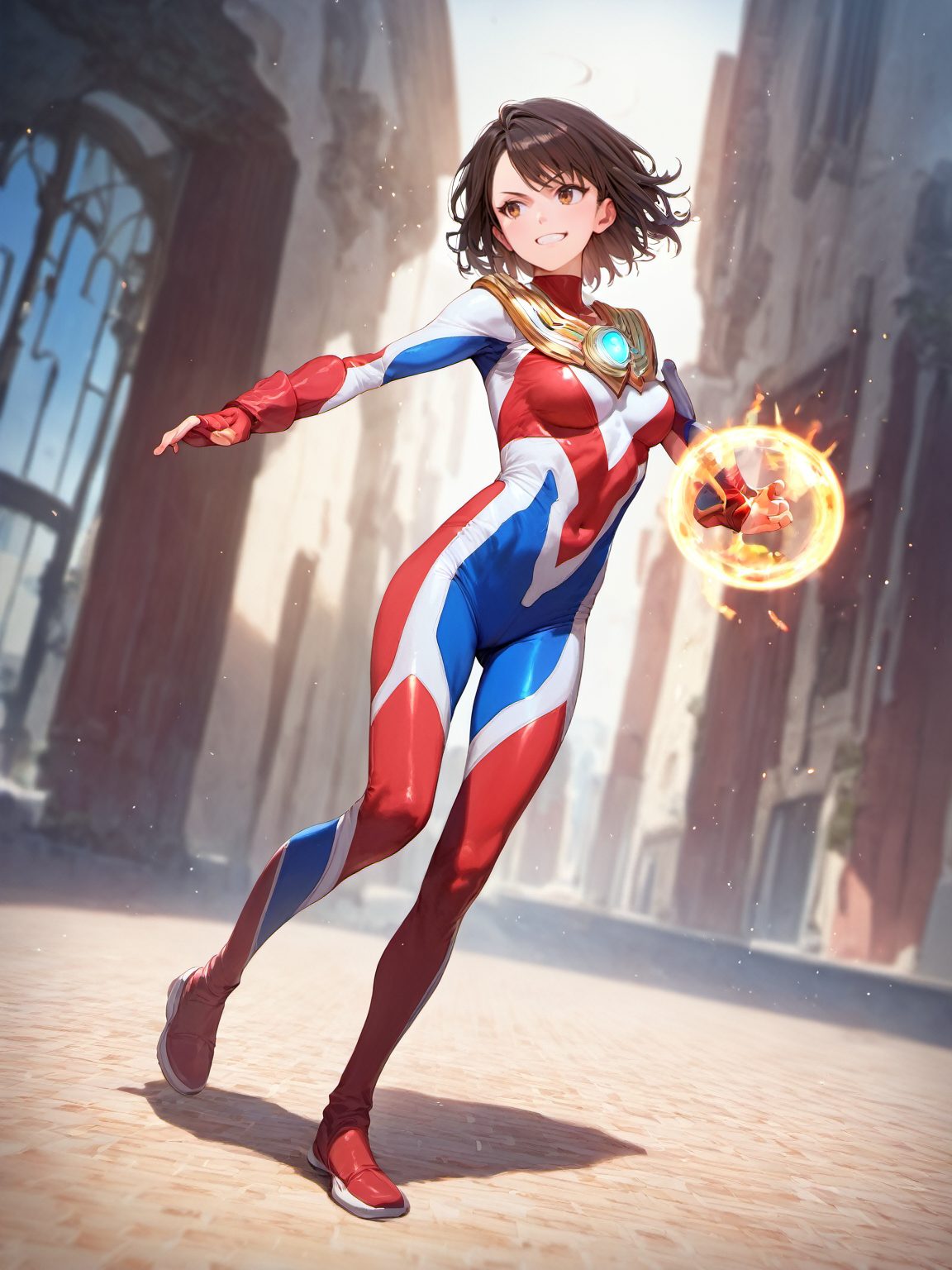 score_9, score_8_up, score_7_up, source_anime, anime artwork, all intricate, extremely detailed wallpaper, best quality, masterpiece,
BREAK
1girl, ultragirl, full body, fighting stance, standing, detailed multicolored bodysuit, grin, detailed background, buildings, dynamic, looking away, energy ball on hand, attacking,
<lora:SDXL_Ultragirl1-pony16-000004:1>