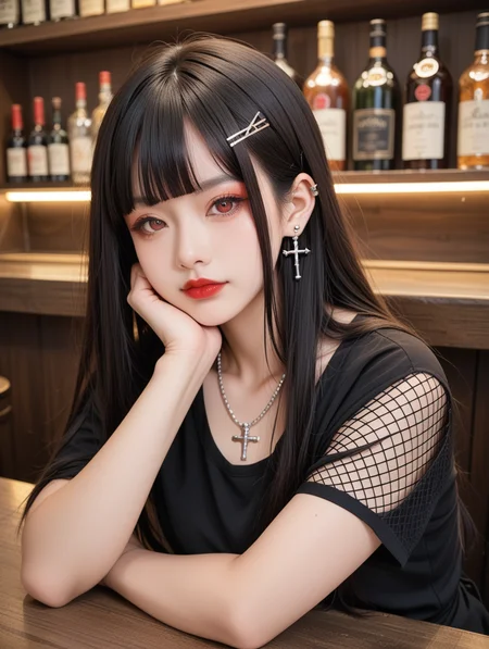 score_9, score_8_up, score_7_up,source_real,real skin,
BREAK
1girl, solo, long hair, looking at viewer, bangs, shirt, black hair, hair ornament, red eyes, jewelry, closed mouth, upper body, short sleeves, earrings, hairclip, indoors, blunt bangs, necklace, black shirt, makeup, piercing,cross, ear piercing, fishnets,head rest, red lips, gothic,bar,