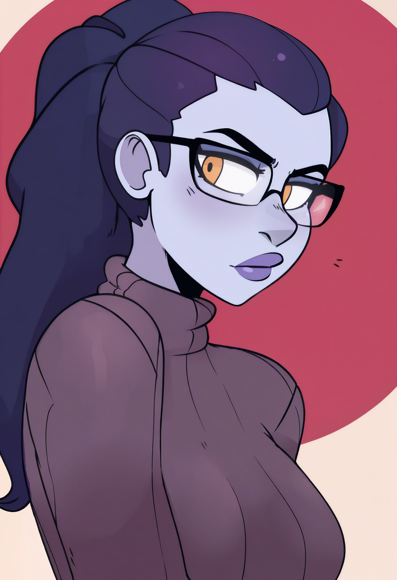 1girl, solo, widowmaker \(overwatch\), sweater, glasses, portrait, dutch angle, colored skin, 
masterpiece, best quality, <lora:gats-guy90-Illust-Lycorisv1:1>, ssttaagg