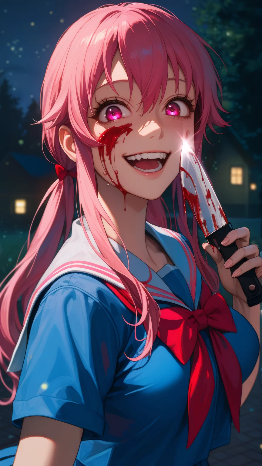 score_9, score_8_up, score_7_up, score_6_up BREAK 1girl, looking at viewer, close-up, upper body, dutch angle,
<lora:Yuno_Gasai_Illu_Dwnsty:1>, yuno_gasai, pink eyes, pink hair, long hair, low twintails, sidelocks, red hair bow, yandere, school uniform, blue shirt, serafuku, red bowtie,
medium breasts, crazy eyes, light smile, blood on face, blood on clothes, holding knife, kitchen knife, wide-eyed, glowing eyes, glowing weapon, reflection,
night, outdoors, nature, moonlight, dark theme, backlighting, light light particles, distortion, horror \(theme\),