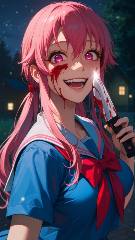 score_9, score_8_up, score_7_up,  score_6_up BREAK 1girl, looking at viewer, close-up, upper body, dutch angle, 
<lora:Yuno_Gasai_Illu_Dwnsty:1>, yuno_gasai, pink eyes, pink hair, long hair, low twintails, sidelocks, red hair bow, yandere, school uniform, blue shirt, serafuku, red bowtie, 
medium breasts, crazy eyes, light smile, blood on face, blood on clothes, holding knife, kitchen knife,  wide-eyed, glowing eyes, glowing weapon, reflection, 
night, outdoors, nature, moonlight, dark theme, backlighting, light light particles, distortion, horror \(theme\),