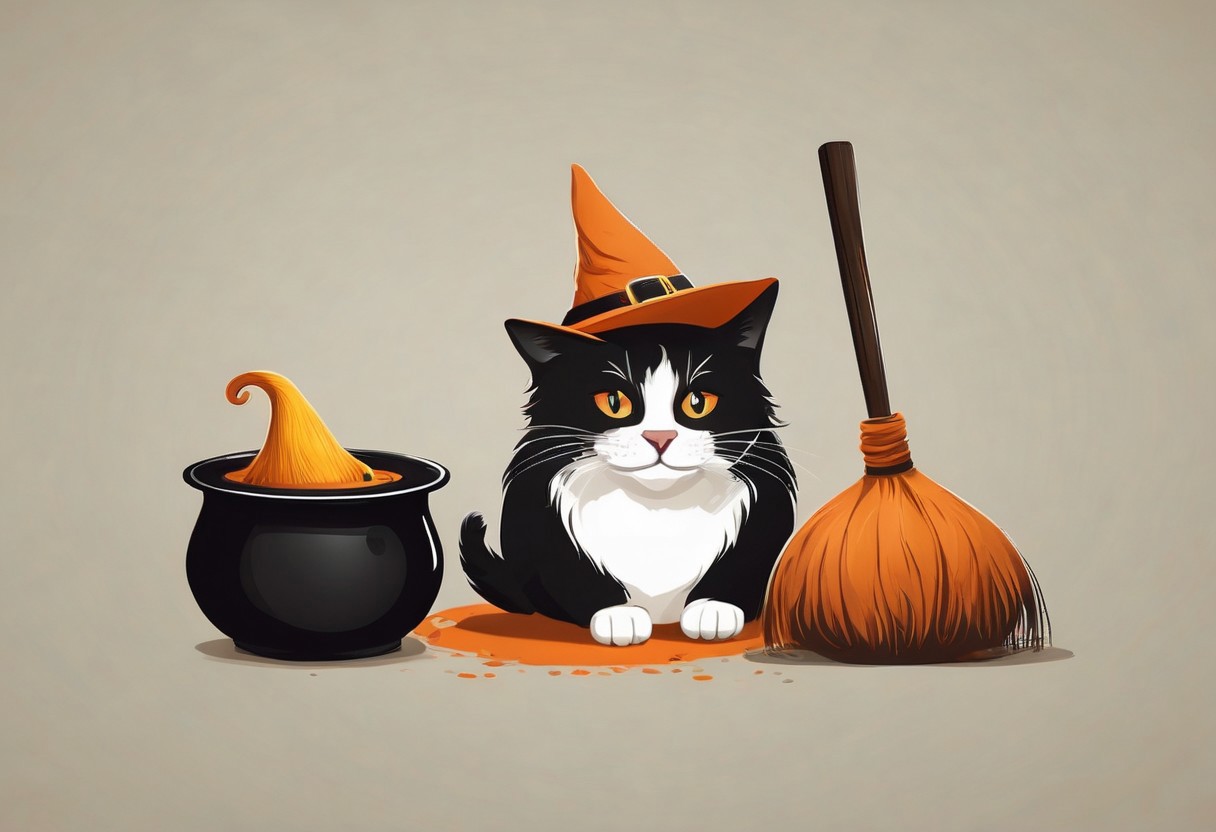 LogoRedAF Kitty, witch's hat, cauldron, broom <lora:LogoRedmond_LogoRedAF:1> <lora:add-detail-xl:1> <lora:xl_more_art-full_v1:1>