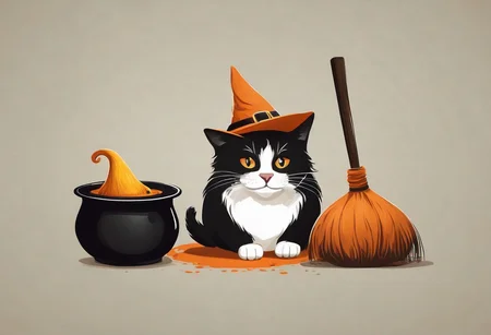 LogoRedAF Kitty, witch's hat, cauldron, broom <lora:LogoRedmond_LogoRedAF:1> <lora:add-detail-xl:1> <lora:xl_more_art-full_v1:1>