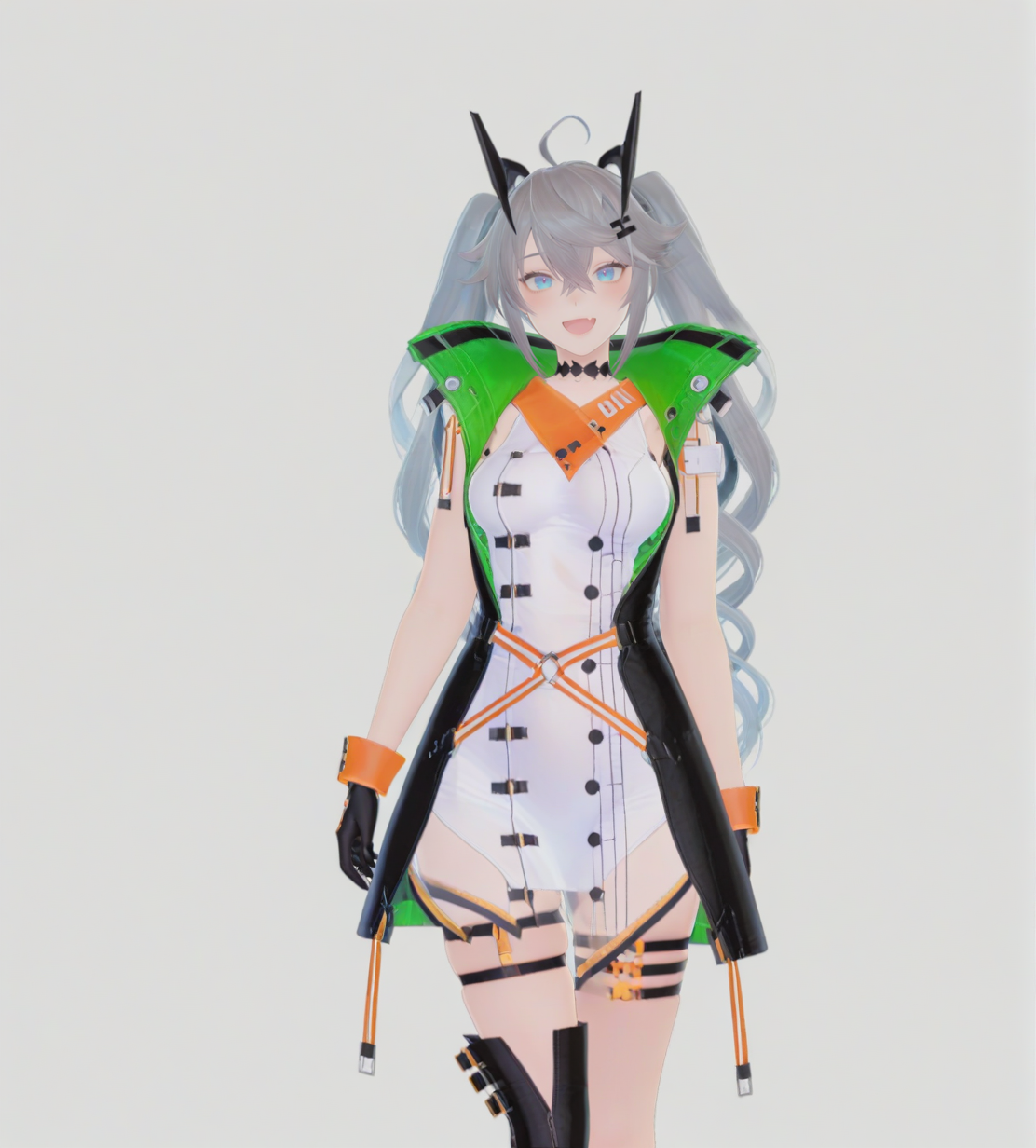 <lora:ã¯ãªãªãã£ã¢Kuoritia:1>,1girl, 
ã¯ãªãªãã£ã¢(Kuoritia),grey hair, twintails, ahoge,crossed bangs,hair between eyes,blue eyes,
hair ornament,headgear,
sleeveless dress,
jacket,black gloves,
single thighhigh,thigh strap,
black boots,
 :d,heart, looking at viewer, skin fang, smile, solo, standing, upper body, 
very awa, masterpiece, best quality, highres, absurdes,amazing quality,very aesthetic,intricate details, <lora:hand 5.5:1>