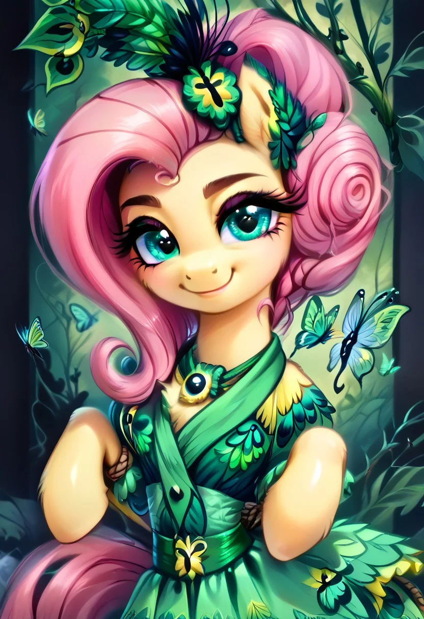 masterpiece, score_9, score_8_up, score_7_up, score_6_up, (best quality:1.1), ultra-detailed, high resolution, (solo), (1WOMAN), (ANTHROPOMORPHIC), (FLUTTERSHY) ((light pink hair:1.4)), (highly detailed tied up hair:1.4), (green feather hair accessory:1.4), (highly detailed pony face:1.5), (beautiful detailed turquoise eyes:1.5), (soft smile:1.5), (wide cute innocent eyes:1.5), (long lashes eyelashes:1.5), (detailed pony nuzzle:1.5), (detailed pony ears:1.5), (light yellow shiny skin:1.5),(green peacock feather dress:1.5), (thin waist:1.5), (fair even breast:1.5), (five fingers:1.5), (holding a peacock hand fan:1.5), (green floral background:1.5), (green butterflies background:1.5), (green vine leafs framing the image:1.5), (green feathers all around:1.4), (dynamic pose:1.5), (green lighting:1.5), high quality, sharp, the quality of ai art is frightening, highly detailed, Highly Visible, sharp focus, high detail, detailed background