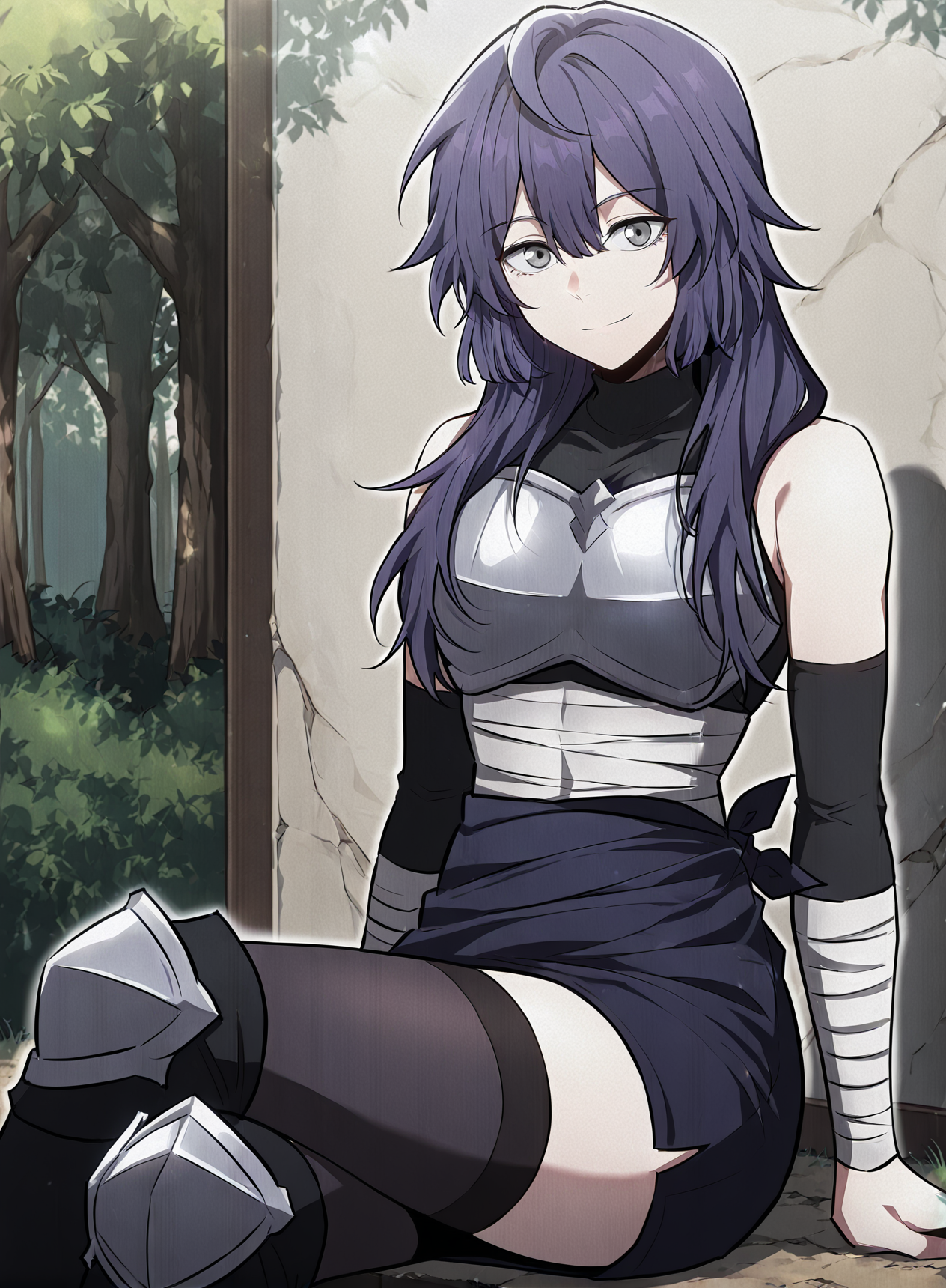 <lora:Lensa__The_Beginning_After_the_End__Illustrious:1>
Lensa, purple hair, dark ninja outfit, long purple hair, messy hair, layered hair, side bangs, gray eyes, 
black sleeveless top, armor chestplate, tied waist cloth, short skirt wrap, thigh-high black stockings, armored knees, athletic build
score_9, score_8_up, score_7_up, very aesthetic, (Anime_source),Masterpiece,(perfect female body:1.2), small waist,(incredibly detailed:1.4), slim, looking at viewer, sitting, crossed legs,
