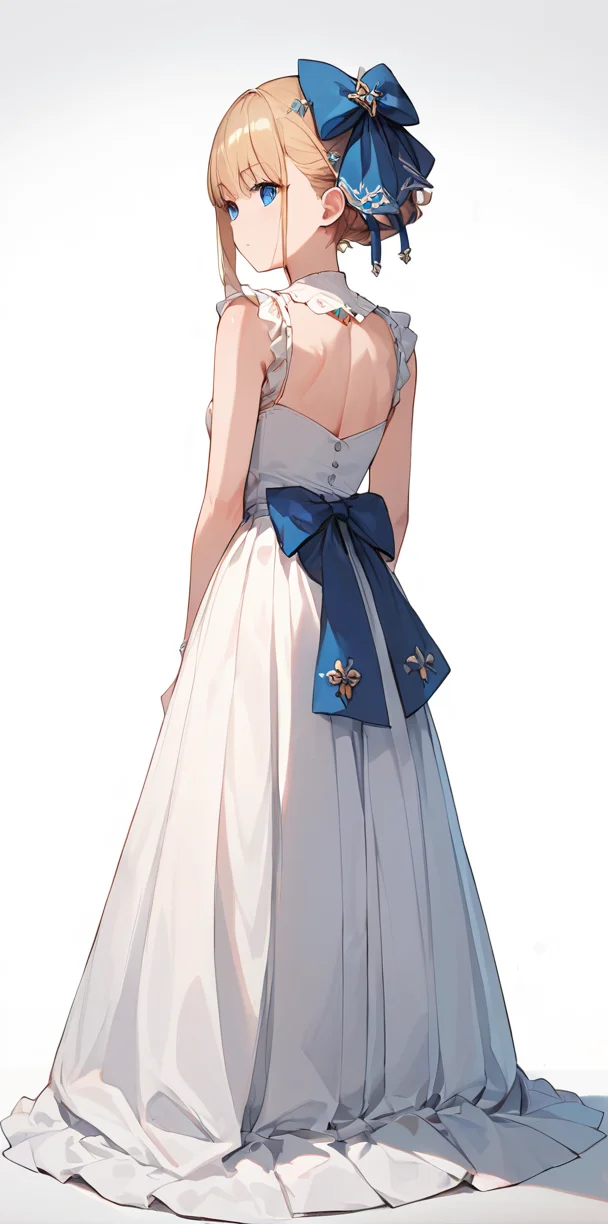 score_9, score_8_up, score_7_up,source_anime, high res image,masterpiece,best quality,girl,cute face,clear skin,shiny hair,ultra detailed eyes,simple background, <lora:hair ribbon_pony_V1.0:0.6> hair ribbon,from behind,dress