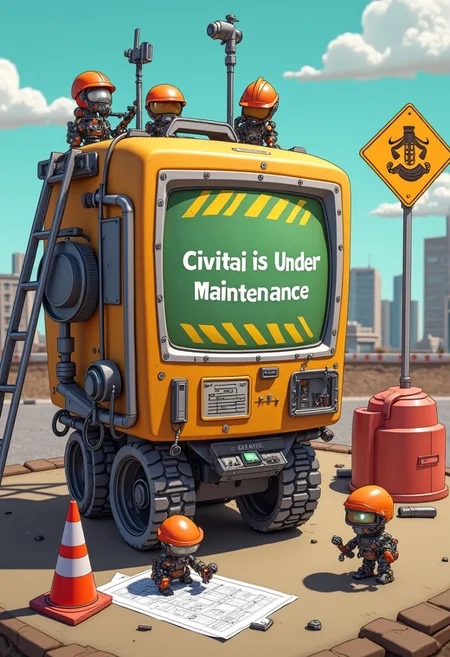 A high-resolution, cartoonish image of an anthropomorphized image generator being repaired by tiny, cute robot workers. The generator has a "Under Construction" sign hanging from it, and the tiny robots are busy with various tools like wrenches, hammers, and screwdrivers. One robot is on a ladder fixing the top, another is welding at the bottom, and another is reading a blueprint. The screen of the generator displays "Civitai is Under Maintenance" with playful construction-themed graphics. The background features a construction site with barriers, cones, and a humorous "Pardon Our Dust" sign, creating a fun and engaging scene.
