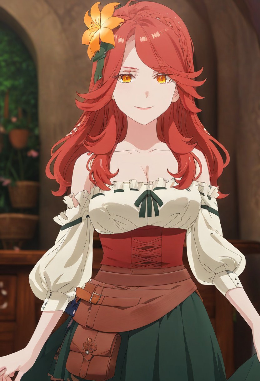 absurdres, 4k res, high quality, score_7_and_above, 1girl, solo, masterpiece, Lucrezia_UM, red hair, amber eyes, flower in hair, green skirt, portrait, seductive smile, highly detailed, side view, looking at viewer,