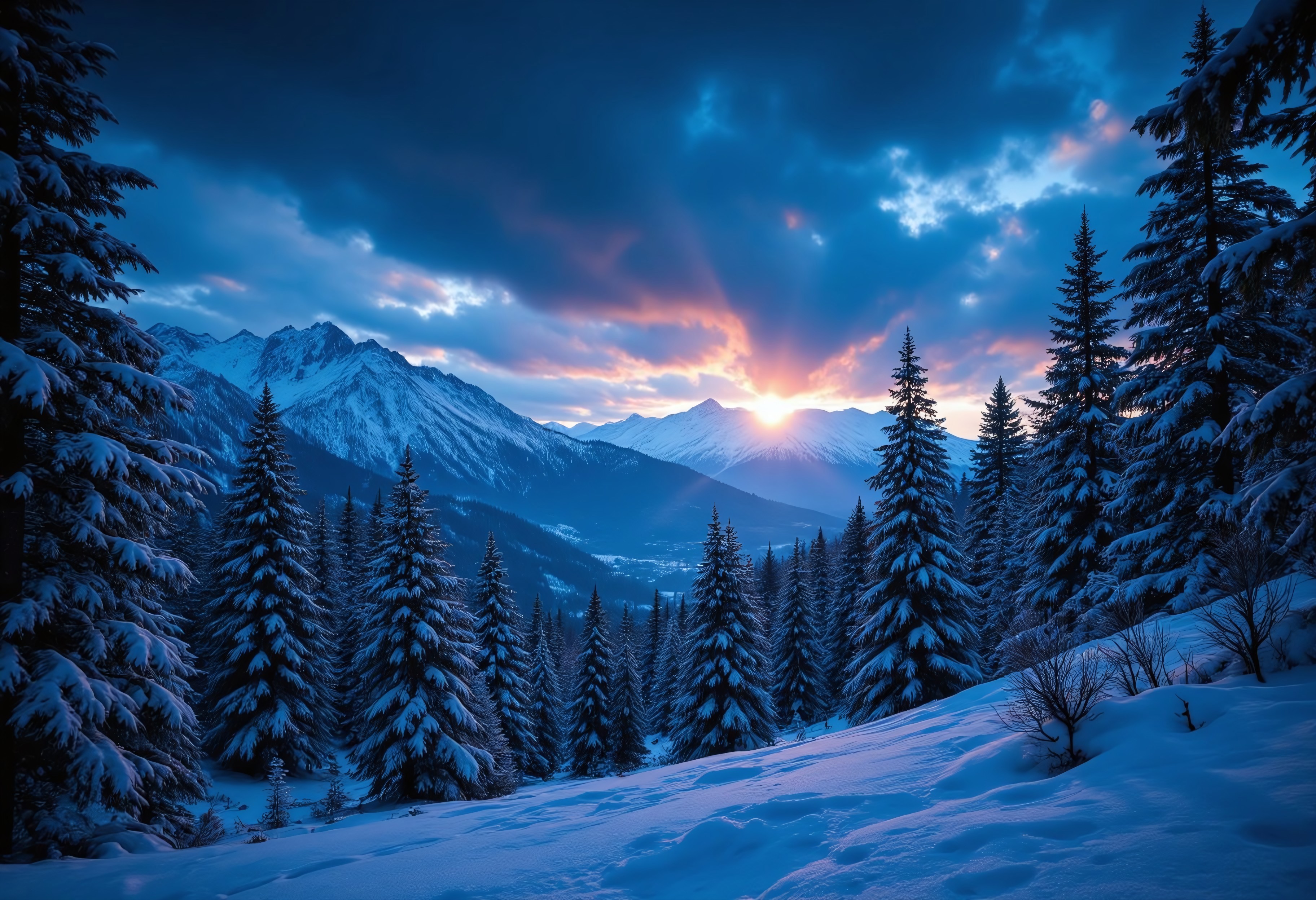 Alpine forest, snowy mountains, uneasiness, eerie sky, foggy, haunting, night, sci-fi, colorful, glowing, stars, hyper-realistic, 