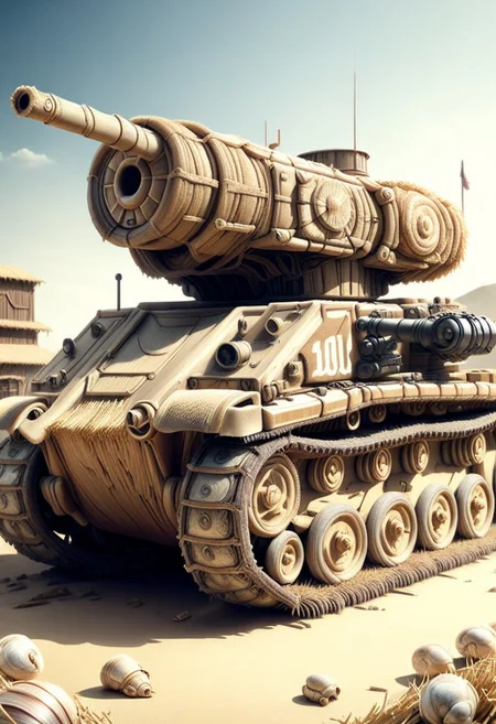 Hyperrealism, war tank , strawmorph, galactic, (extremely detailed overall:1.5), closer, machine, portrait, (GIGA shell:1.5), straw tank, farm background,