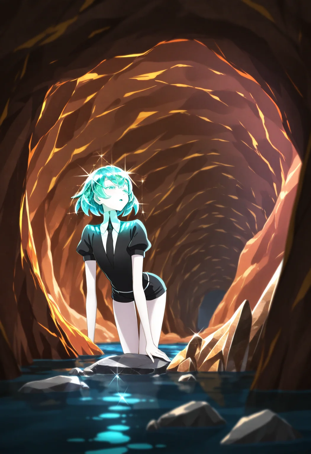 masterpiece, best quality, diamond \(houseki no kuni\), 1other, black shirt, black necktie, black shorts, colored eyelashes, crystal hair, gradient hair, indoors, cave, water, shiny, crystal, gem, rock, sparkle, <lora:ChamIllustriousBackgroundEnhancer:1>