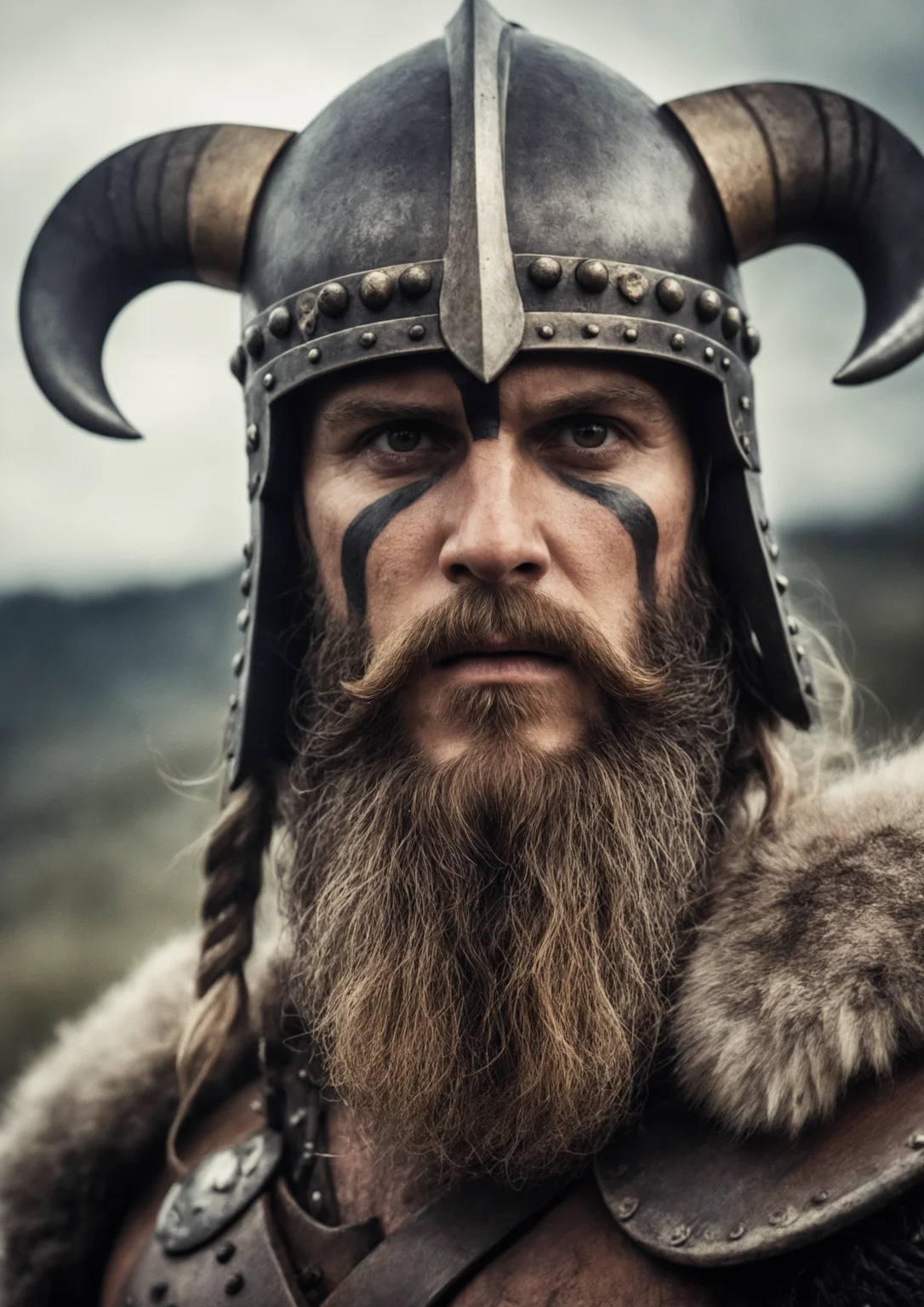 analog film photo extreme close-up shot of a fierce Viking King, (sharp eyes focus:1.2), wearing a dark metal helmet with imposing black horns. His dark warpaint and scruffy black beard emphasize his angry expression, while a scar on his face tells a story of battles fought. The scene is bathed in cinematic lighting with dramatic volumetric rays, creating a moody and intense atmosphere. The Viking King grips his menacing Viking Axe, (HDR:1.4),
. faded film, desaturated, 35mm photo, grainy, vignette, vintage, Kodachrome, Lomography, stained, highly detailed, found footage