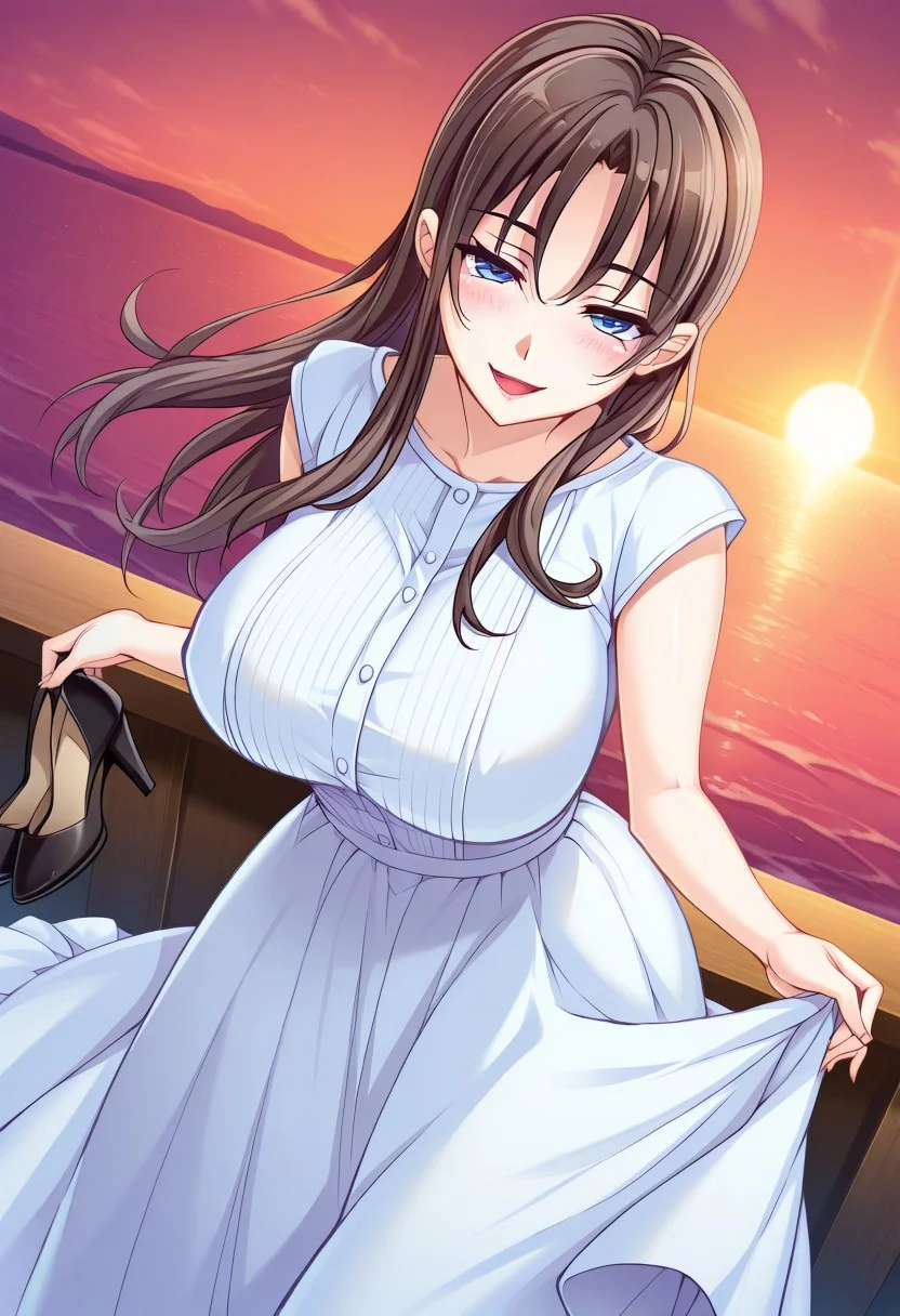 masterpiece, best quality, newest, highres, uncensored, 1girl, yokota mamoru style,1girl, slender face,motion lines,torogao,looking at the viewer,seductive smile,blush
1girl, solo, long hair, blue eyes, sunset, open mouth, smile, dutch angle, breasts, dress, shoes, holding shoes, large breasts, ocean, water, :d, looking at viewer, skirt hold, holding,Hanabishi Yurina,Brown Hair, Hair Parted in Middle, Sidehair, Waist Length Hair,Long Hair,Garnet Eyes,Big Breasts, Slim