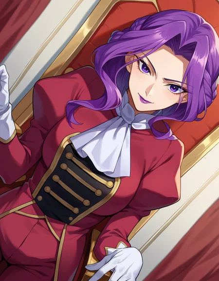 score_9, score_8_up, score_7_up, source_anime,
cornelialibritannia, <lora:cornelia-li-britannia-ponyxl-lora-nochekaiser:1>
cornelia li britannia, purple eyes, purple hair,
ascot, gloves, juliet sleeves, lipstick, long sleeves, makeup, pants, puffy sleeves, purple lips, red pants, red shirt, shirt, white ascot, white gloves,
indoors, throne, throne room, smile,
looking at viewer, dutch angle, cowboy shot