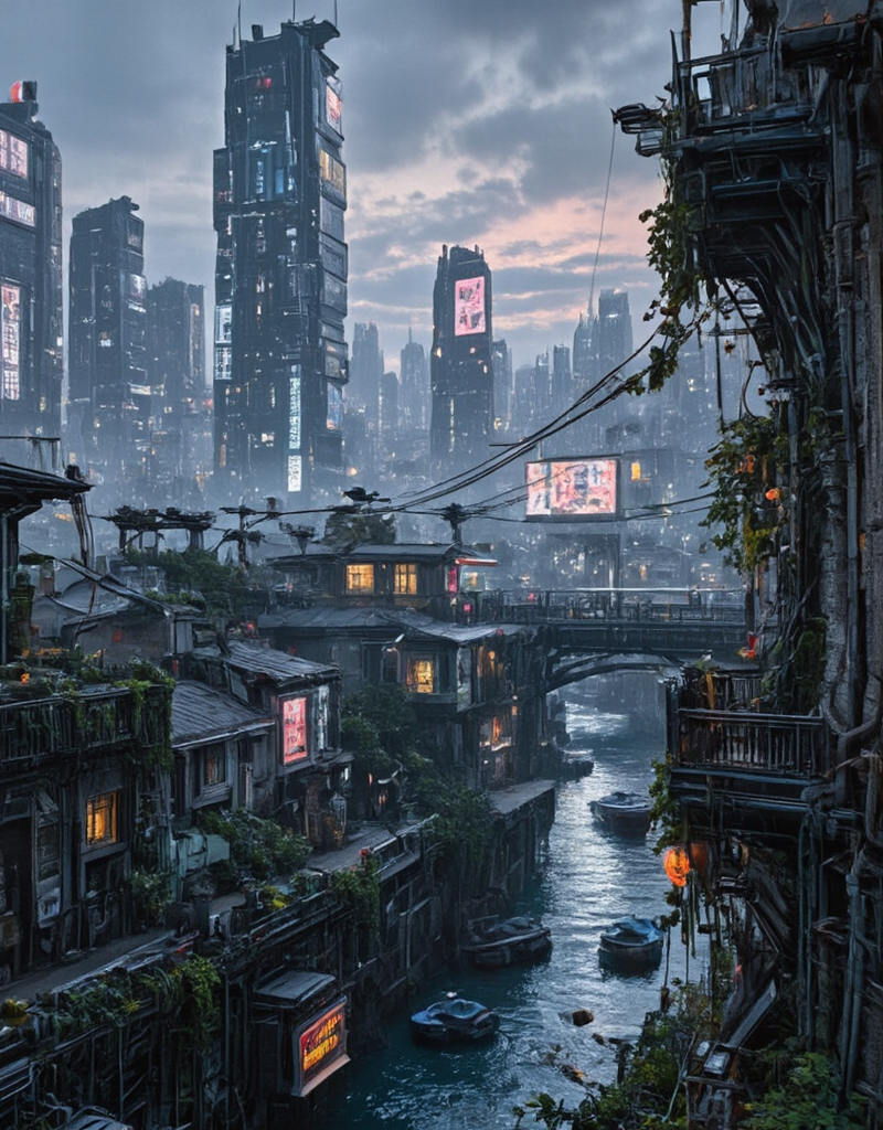 detailed realistic photo of <lora:Space_Worlds_01__Poetic_fluxbeta3:1> sw01p_flux, cyberpunk, evening, sun shades, very detailed, very narrow walkway, river, shore; futuristic, ground view, high buildings in the background, billboard on trees, signs, shop, kanji, illuminated, neon street marking, city lights, houses, vegetation,