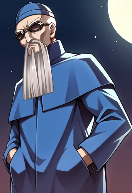 score_9, score_8_up, score_7_up, source_anime BREAK 1boy, solo,
<lora:zs_MidoXL:1> midosmt, grey hair, grey beard, facial hair, old man, blue hat, sunglasses, blue robe
cowboy shot, night, black sky, looking at viewer, hands in pockets