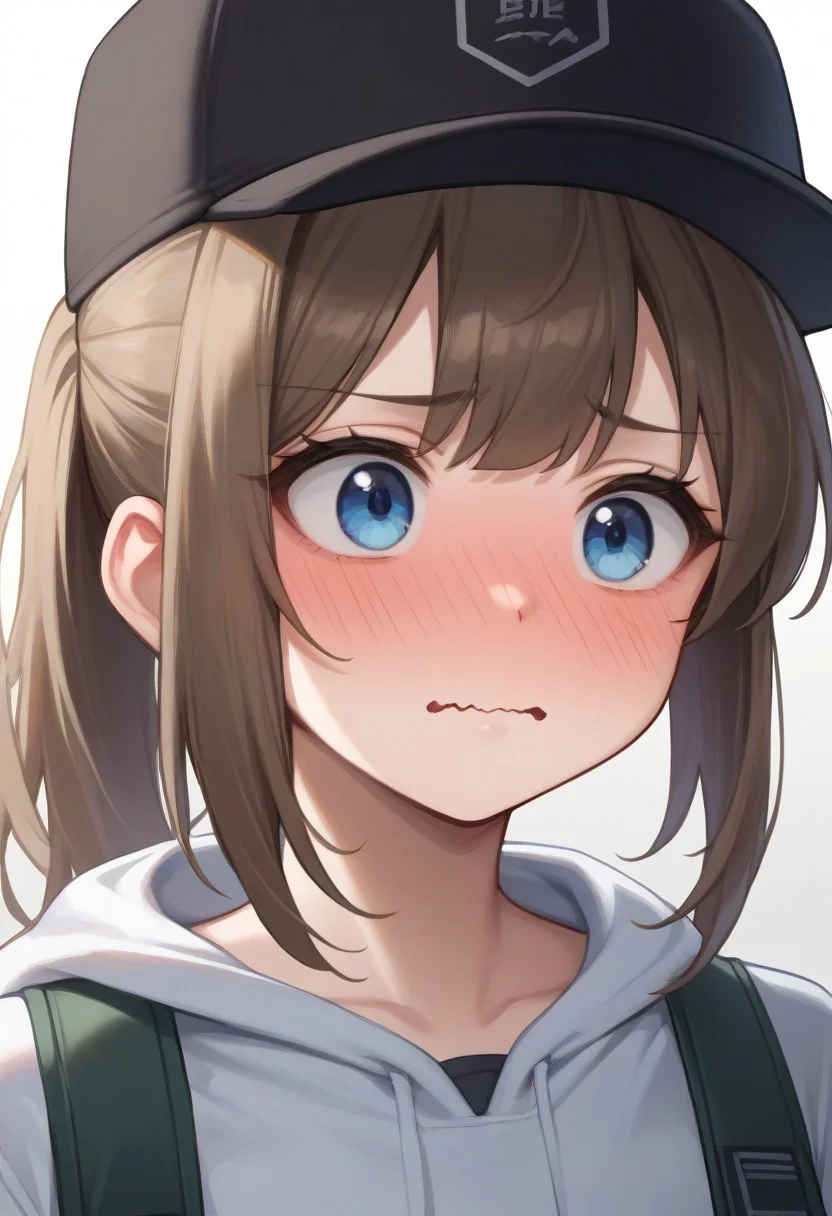 score_9, score_8_up, score_7_up, source_anime, BREAK
close-up, full-face blush, wavy mouth, looking away, brown hair, ponytail, blue eyes, baseball cap