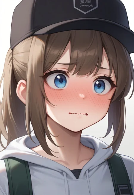 score_9, score_8_up, score_7_up, source_anime, BREAK
close-up, full-face blush, wavy mouth, looking away, brown hair, ponytail, blue eyes, baseball cap