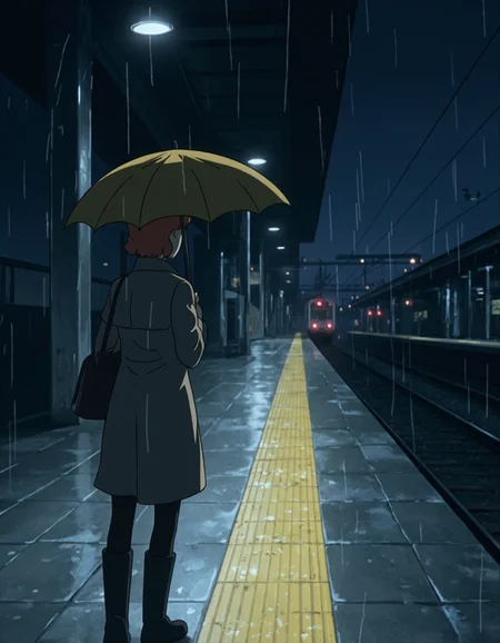 This is a still frame from a Japanese animation TV show with simple lines and flat shading capturing a solitary woman walking towards the viewer, on a dimly lit, rainy train platform. The image is taken at night, with the only light sources being the platform's overhead lamps and the distant, red taillights of a departing train. The woman, silhouetted against the light, is wearing a long trench rain coat over black pantyhose and knee-high boots, suggesting they are prepared for the cold, wet weather. She is holding a large yellow umbrella above her head, to protect her curly redhead hair from the rain and is walking towards the viewer, sad and deep in thoughts, a tear rolling on her face. The platform is made of wet, reflective tiles, which glisten under the light, creating a shiny, almost mirror-like surface. The train tracks run parallel to the platform, with a yellow tactile paving strip along the edge, designed for visually impaired individuals. On the right side of the image, the platform extends into the background, where more train tracks visible, and a few more platform lights. The left side shows some city lights in the distance. The overall atmosphere is moody and contemplative, with the rain and dim lighting adding to the somber ambiance. The photograph effectively captures the sadness of the woman as she turns away from the departing train