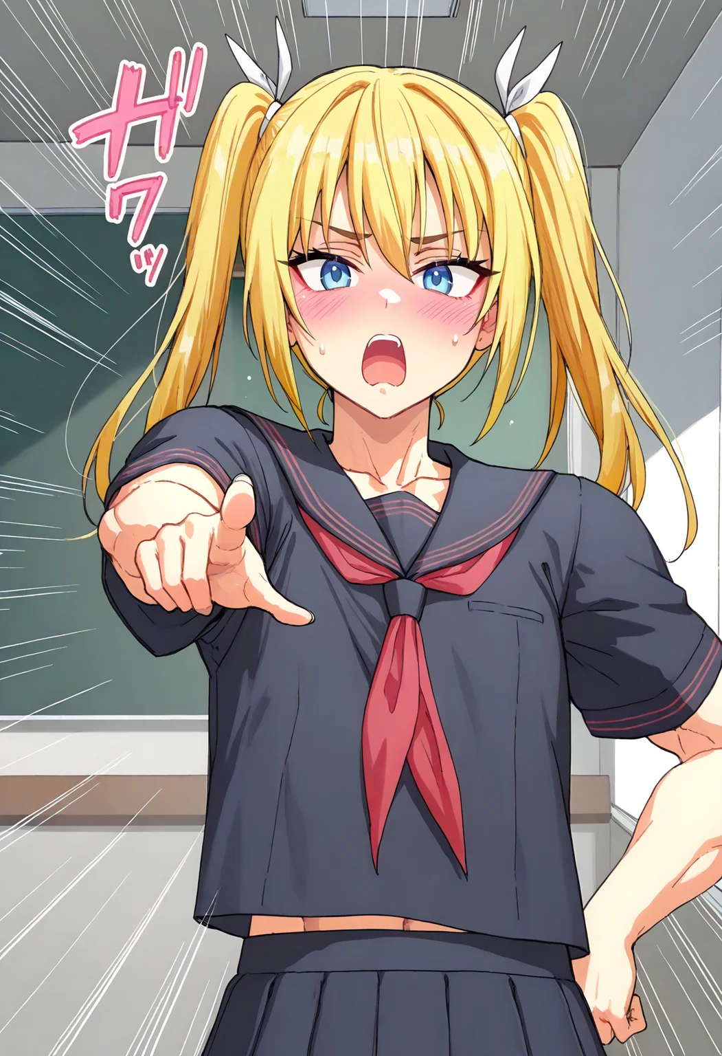 indoors, school, <lora:buchouchinke-VPRED:1>, 1girl, muscular female, flat chest, serafuku, black serafuku, short sleeves, blonde hair, twintails, blue eyes, long twintails, pointing at viewer, looking at viewer, navel, abs, open mouth, frown, blush, sweatdrop, emphasis lines,