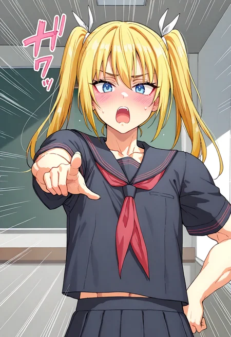 indoors, school, <lora:buchouchinke-VPRED:1>, 1girl, muscular female, flat chest, serafuku, black serafuku, short sleeves, blonde hair, twintails, blue eyes, long twintails, pointing at viewer, looking at viewer, navel, abs, open mouth, frown, blush, sweatdrop, emphasis lines,