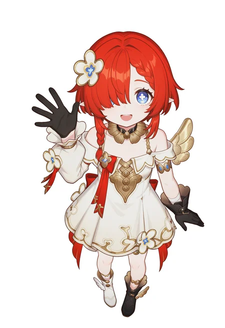 <lora:Tribios_illustrious-000030:1>,
Tribios_TINING,solo,blue eyes,white dress,asymmetrical gloves,smile,closed mouth,looking at viewer,black gloves,single sleeve,symbol-shaped pupils,white pupil,
off shoulder,detached_sleeves,open mouth,waving,red hair,simple_background,white_background,hair over one eye,asymmetric shoes,full body,from_above