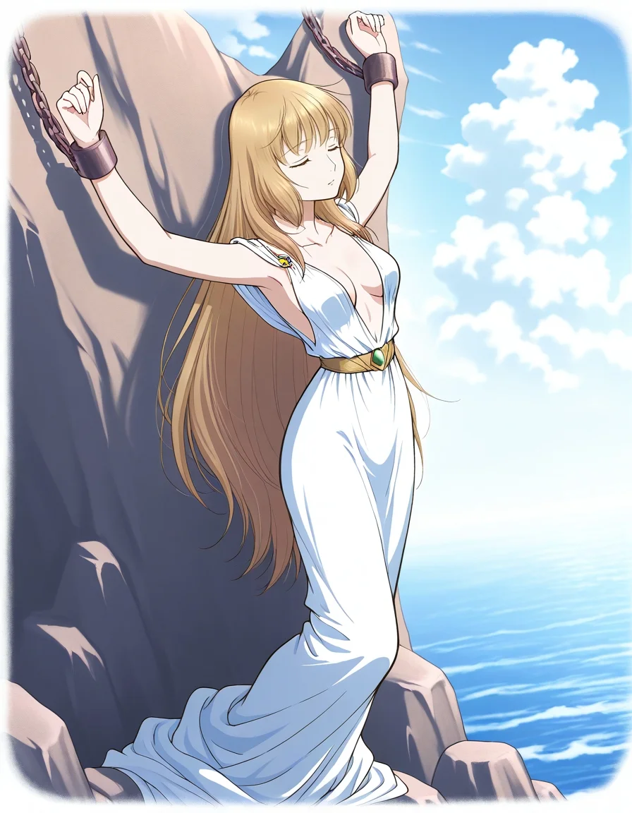 1girl, solo, long hair, straight bangs, very long face-framing hair tendrils, sleeping, closed eyes, unconscious,((correct_anatomy)), youry_artstyle, lineart, princess_andromeda, white dress, long dress, sleeveless, collarbone, plunging neckline, shackles, chains, arms up, hands lifted up by chains, spread arms, arms outstretched above, bondage, suspension, chained to rocks, bound to rocks, hanging from rocks, behind rocks, leaning back, leaning against rocks, rocks, high rock edge, dynamic angle, outdoors, ocean background, cloudy