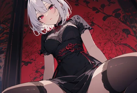 , {Japanese style Interior},  Spider Lily in background
, Side sitting, medium_breasts
,  {best quality},  {{masterpiece}}
, {highres}, {an extremely delicate and beautiful}
, original, extremely detailed wallpaper,1girl
, {COLORFUL}, {VIVID COLORS}, {VIVID}, {flat color}
, {Hand detail}, {{Correct hand structure}}
, white hair,short hair,vampire girl
, (HDR), (8k), (32k), (masterpiece:1.1), (Best quality)
, (Ultra detailed red eyes), half-closed eyes,
, black Lace slit dress, (black suspender stockings)