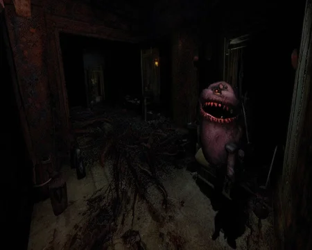 footage of a haunted hotel from a pc_game_screenshot, ((horrific smiling monsters in the darkness)), ghosts, low health <lora:epiNoiseoffset_v2:1.4>