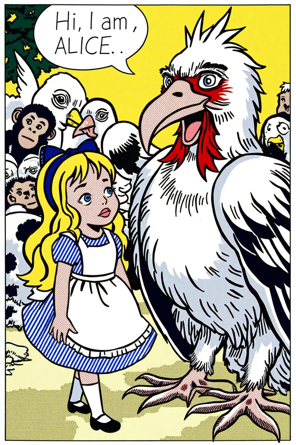 lichtenstein1 illustration.
joten1. A fantastical encounter between a young girl, Alice, and a giant, prehistoric-looking bird. Alice, wears a blue and white striped dress, a white apron, and white stockings. She is talking with a anthropomorphic Dodo bird. There are other birds and and a monkey behind them. Speech bubble say "Hi, I am Alice". <lora:lichtenstein1_cap_d6a3e8:1.0><lora:836068659224067009:0>